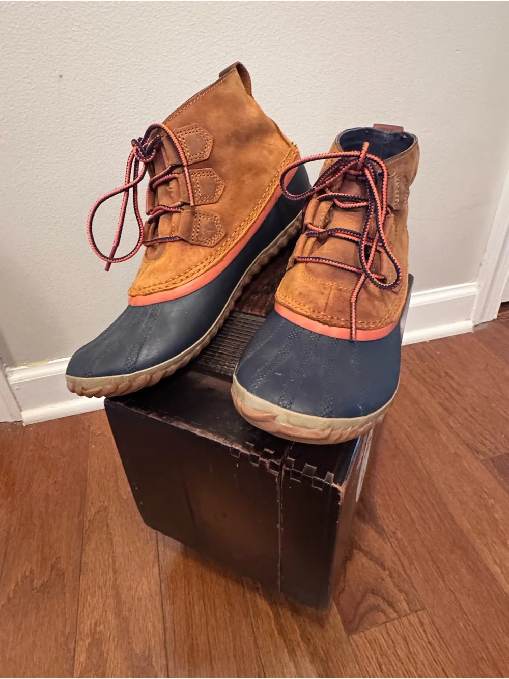 Waterproof Sorel Brown and Navy Lace-Up Rain Duck Boots with Orange Trim